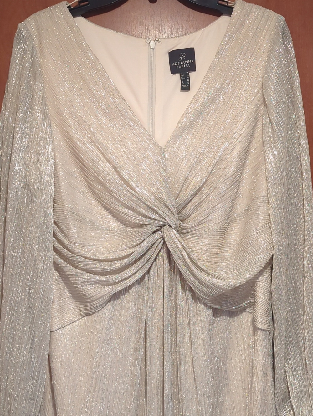 Adrianna Papell Metallic Gold Long-Sleeve Knot Front Gown - Picture 3 of 4
